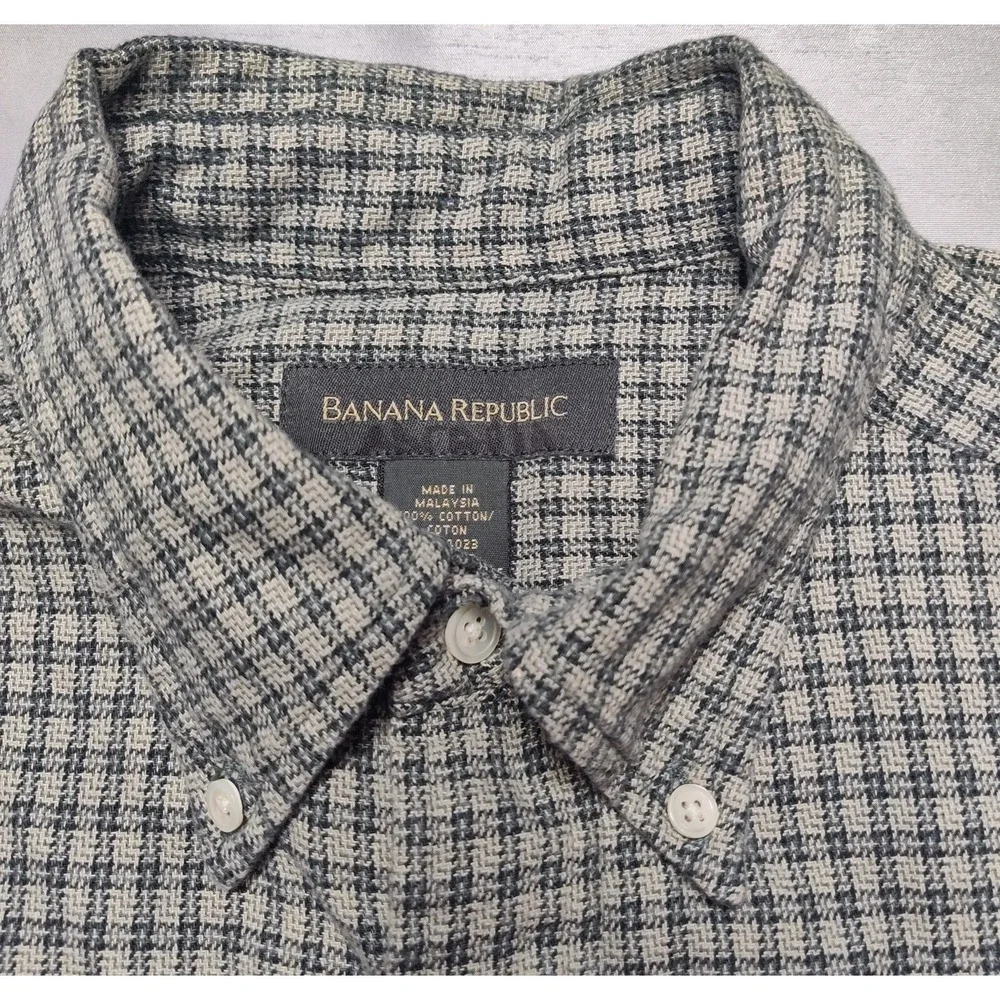 BANANA REPUBLIC Men Large‎ Green Check Medium-Weight Cotton Button Shirt